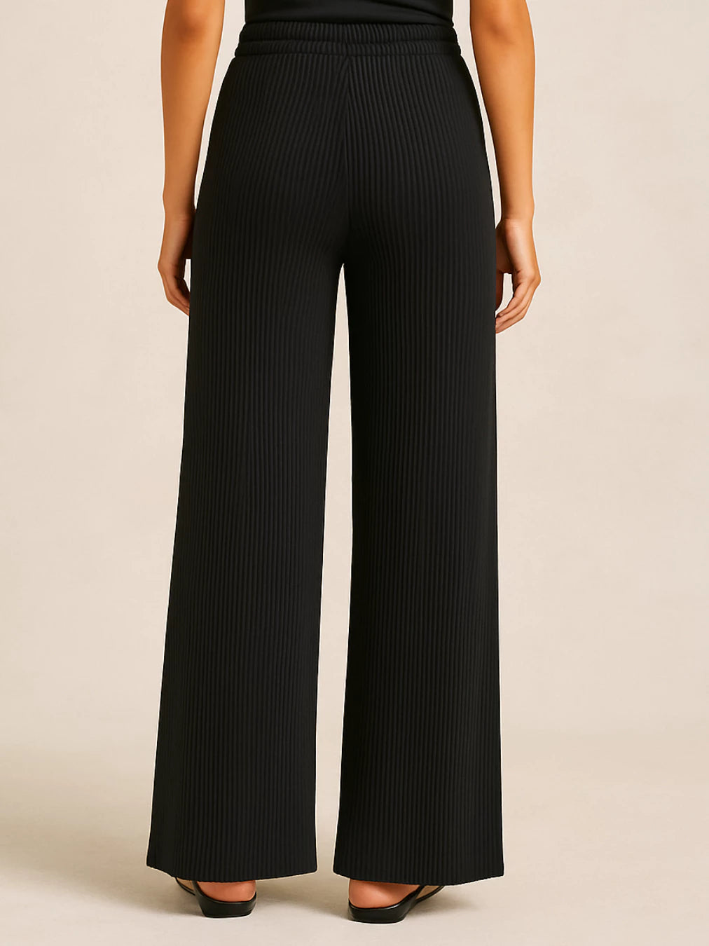 Calça Canelada Pantalona Wide Leg Feminino Com Bolsos Cintura Alta Cordão [Leve 3, Pague Só 2]