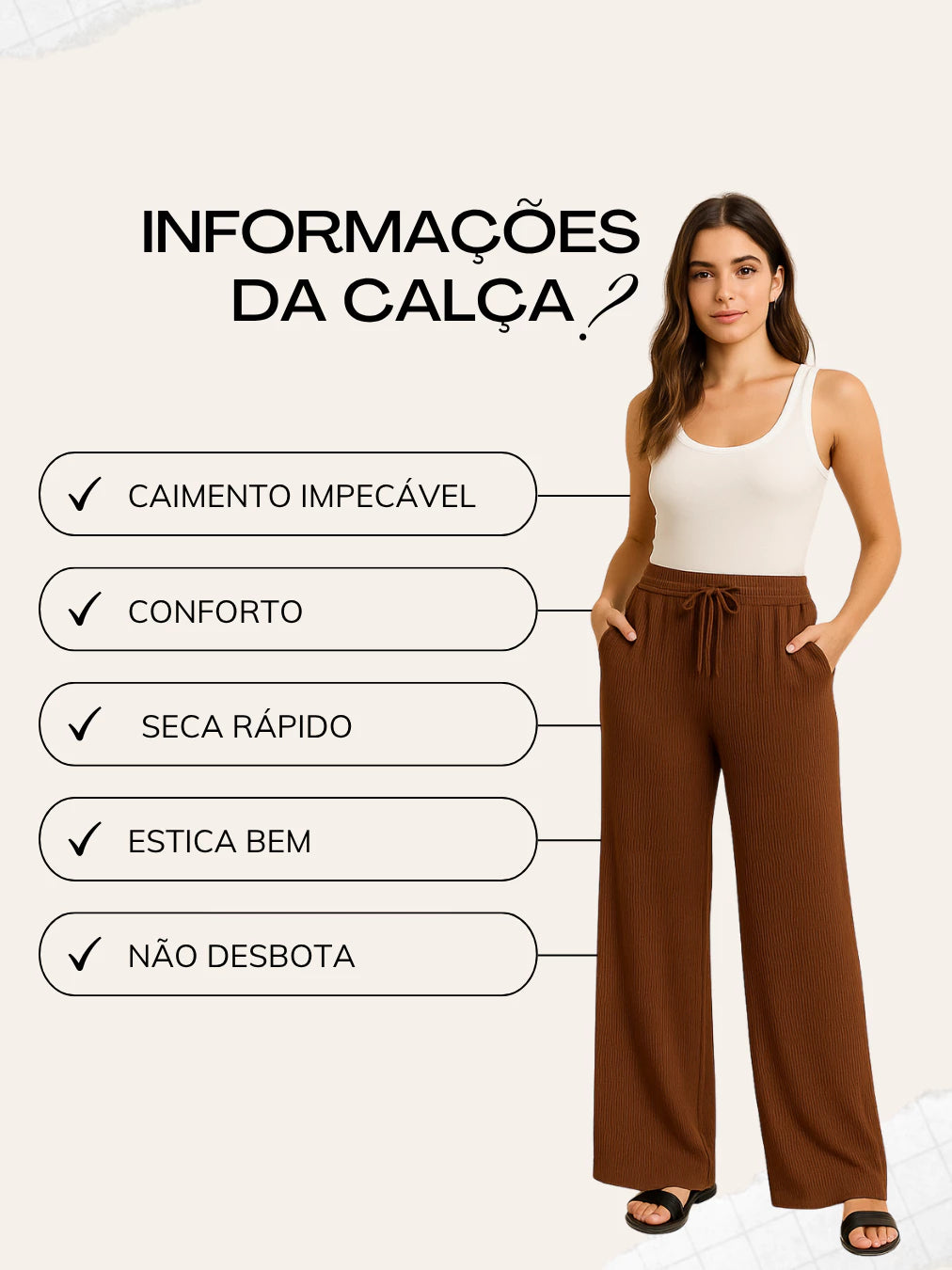 Calça Canelada Pantalona Wide Leg Feminino Com Bolsos Cintura Alta Cordão [Leve 3, Pague Só 2]
