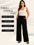Calça Canelada Pantalona Wide Leg Feminino Com Bolsos Cintura Alta Cordão [Leve 3, Pague Só 2]