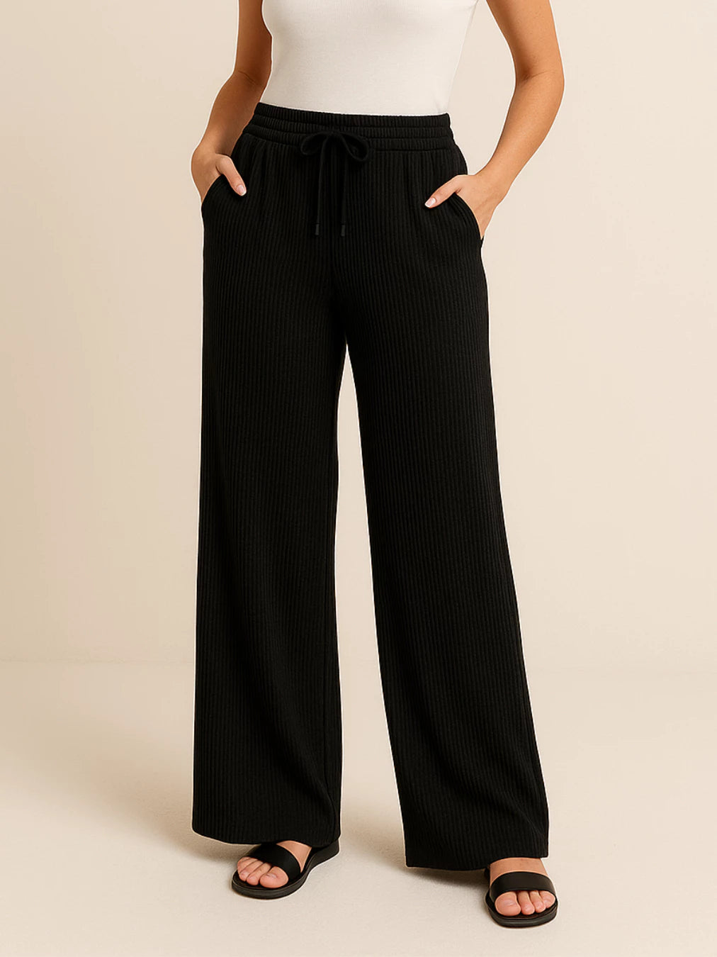 Calça Canelada Pantalona Wide Leg Feminino Com Bolsos Cintura Alta Cordão [Leve 3, Pague Só 2]