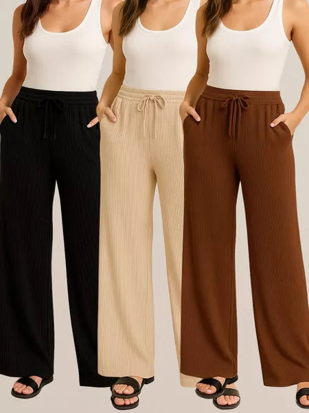 Calça Canelada Pantalona Wide Leg Feminino Com Bolsos Cintura Alta Cordão [Leve 3, Pague Só 2]