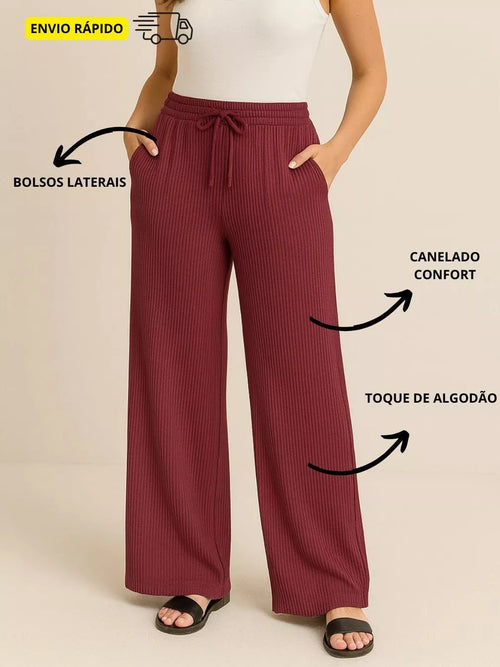 Calça Canelada Pantalona Wide Leg Feminino Com Bolsos Cintura Alta Cordão [Leve 3, Pague Só 2]