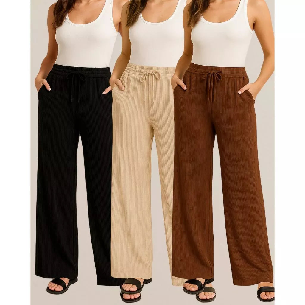 Calça Canelada Pantalona Wide Leg Feminino Com Bolsos Cintura Alta Cordão [Leve 3, Pague Só 2]