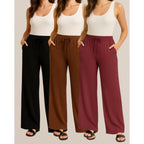 Calça Canelada Pantalona Wide Leg Feminino Com Bolsos Cintura Alta Cordão [Leve 3, Pague Só 2]