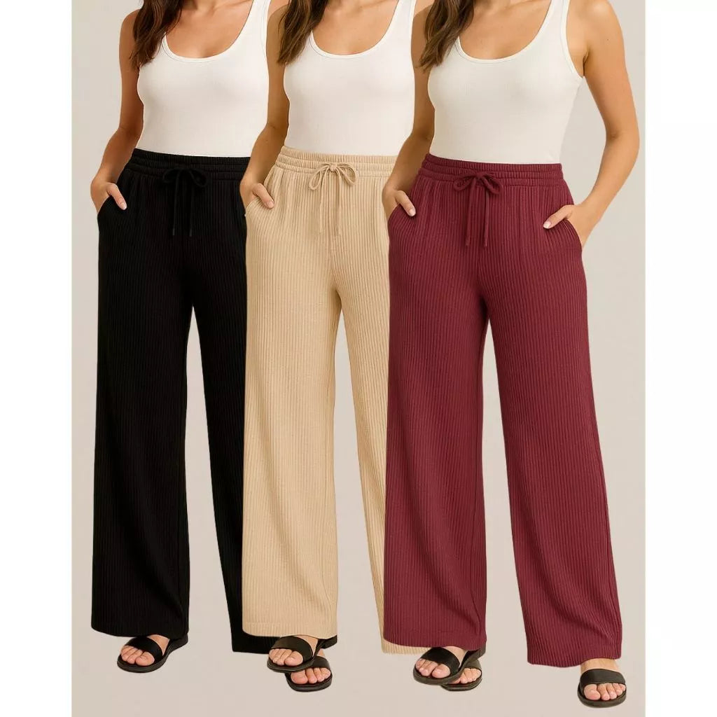 Calça Canelada Pantalona Wide Leg Feminino Com Bolsos Cintura Alta Cordão [Leve 3, Pague Só 2]