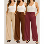 Calça Canelada Pantalona Wide Leg Feminino Com Bolsos Cintura Alta Cordão [Leve 3, Pague Só 2]