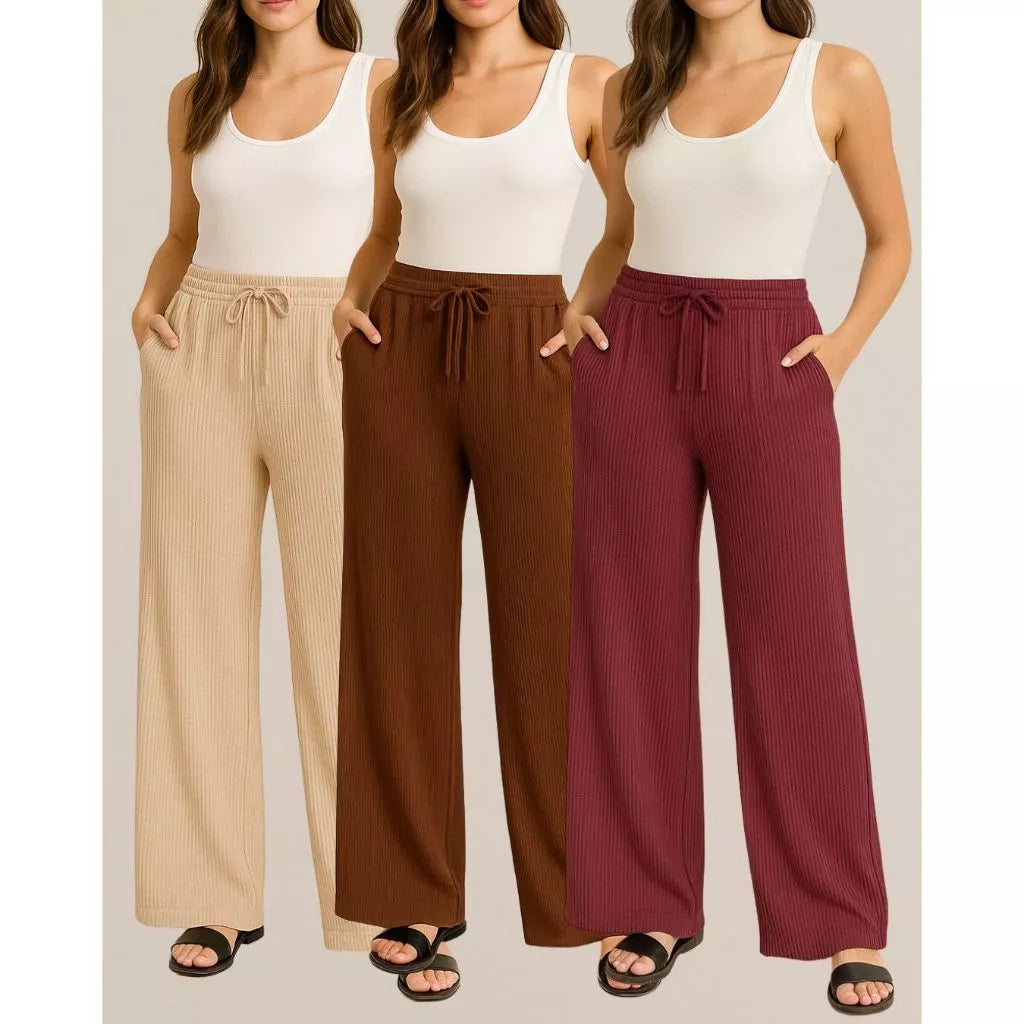 Calça Canelada Pantalona Wide Leg Feminino Com Bolsos Cintura Alta Cordão [Leve 3, Pague Só 2]