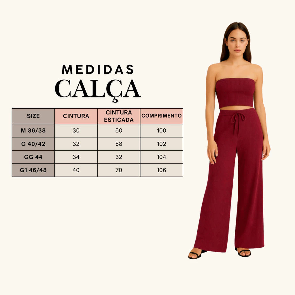Calça Canelada Pantalona Wide Leg Feminino Com Bolsos Cintura Alta Cordão [Leve 3, Pague Só 2]
